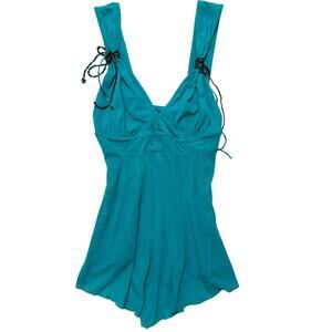 00's VTG Y2K Guess Blue Brown Fairy Top Asymmetrical Hem Plunge V-Neck M